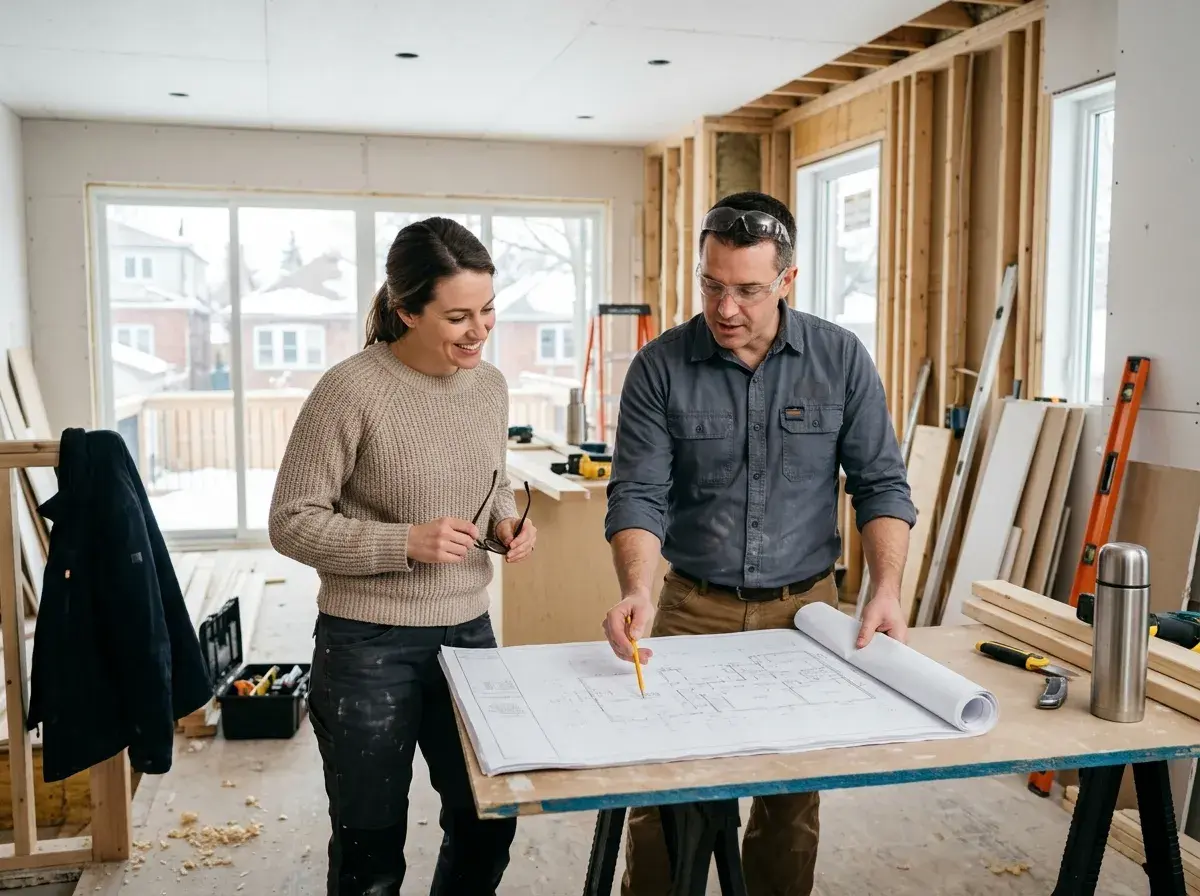 Contractor reviewing a renovation plan with a homeowner on site