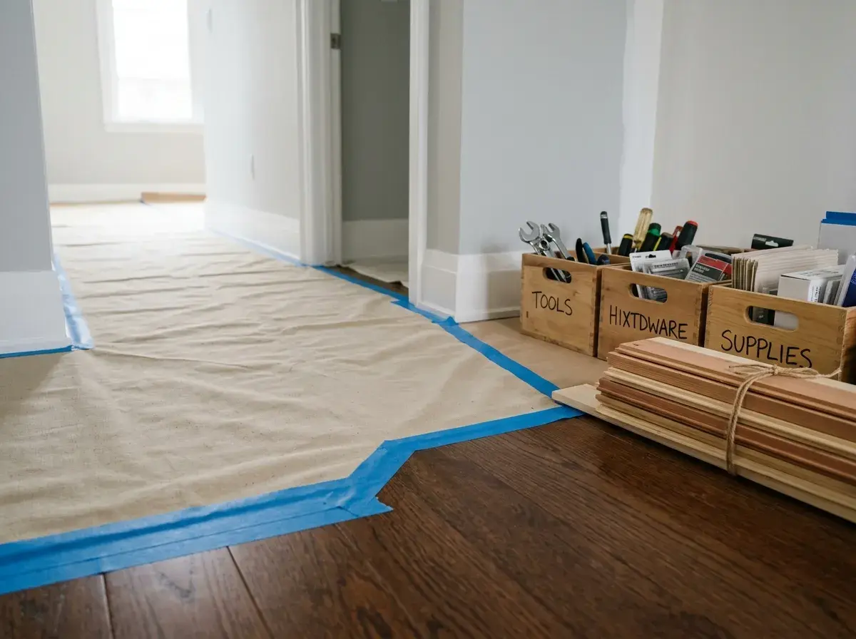 Tidy renovation worksite with materials neatly organized